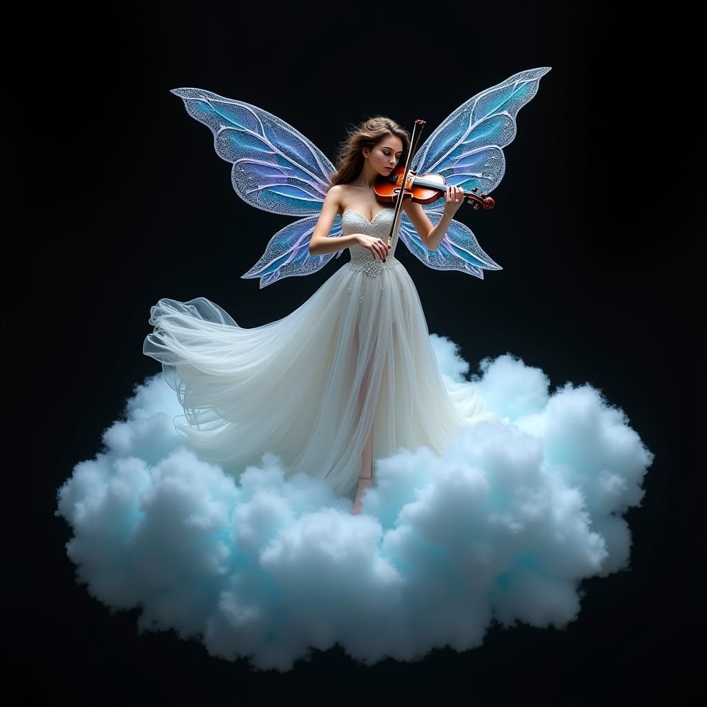 Woman with Fairy Wings Playing Violin, Hyperrealistic Digita...