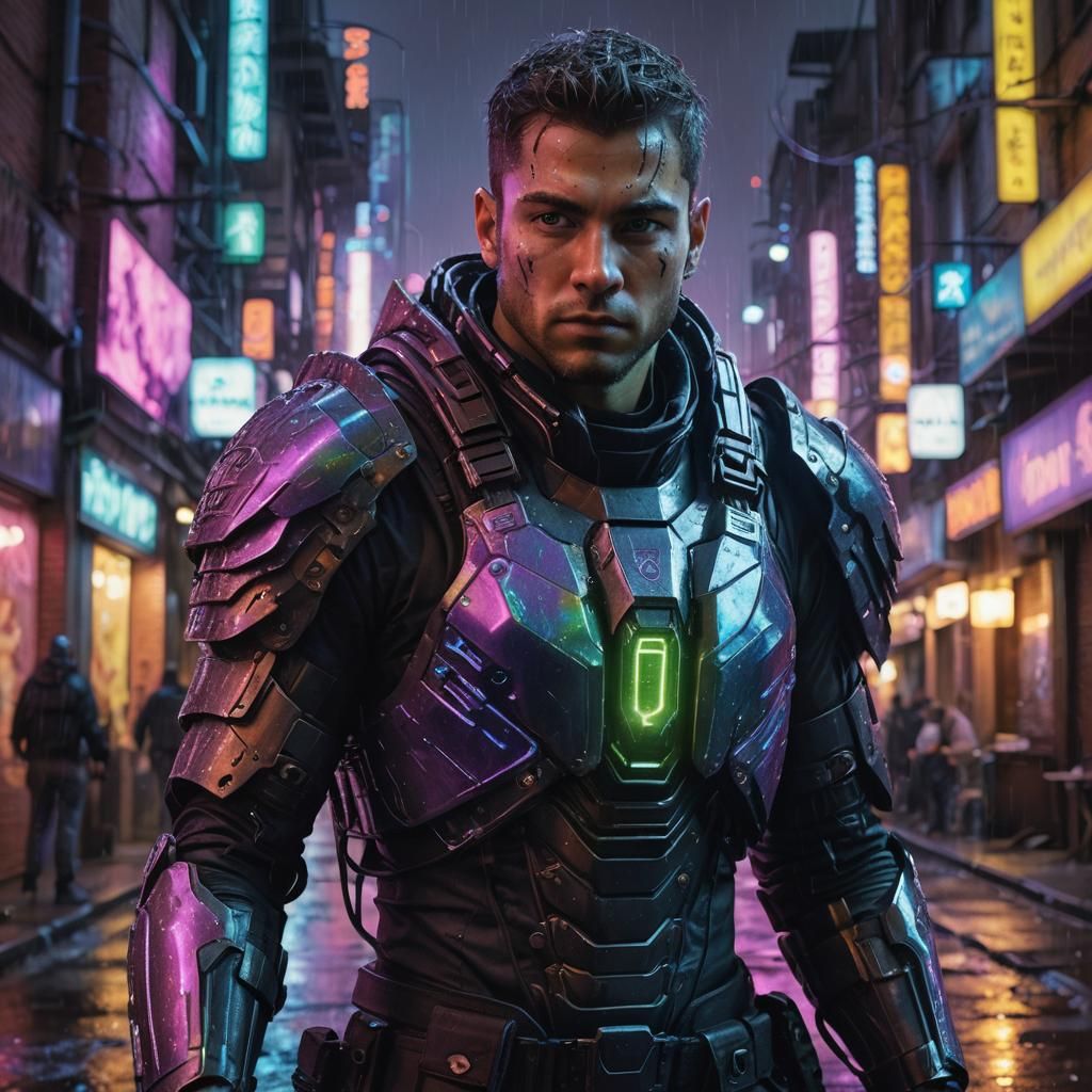 Futuristic Soldier Casting Spell in Cyberpunk City