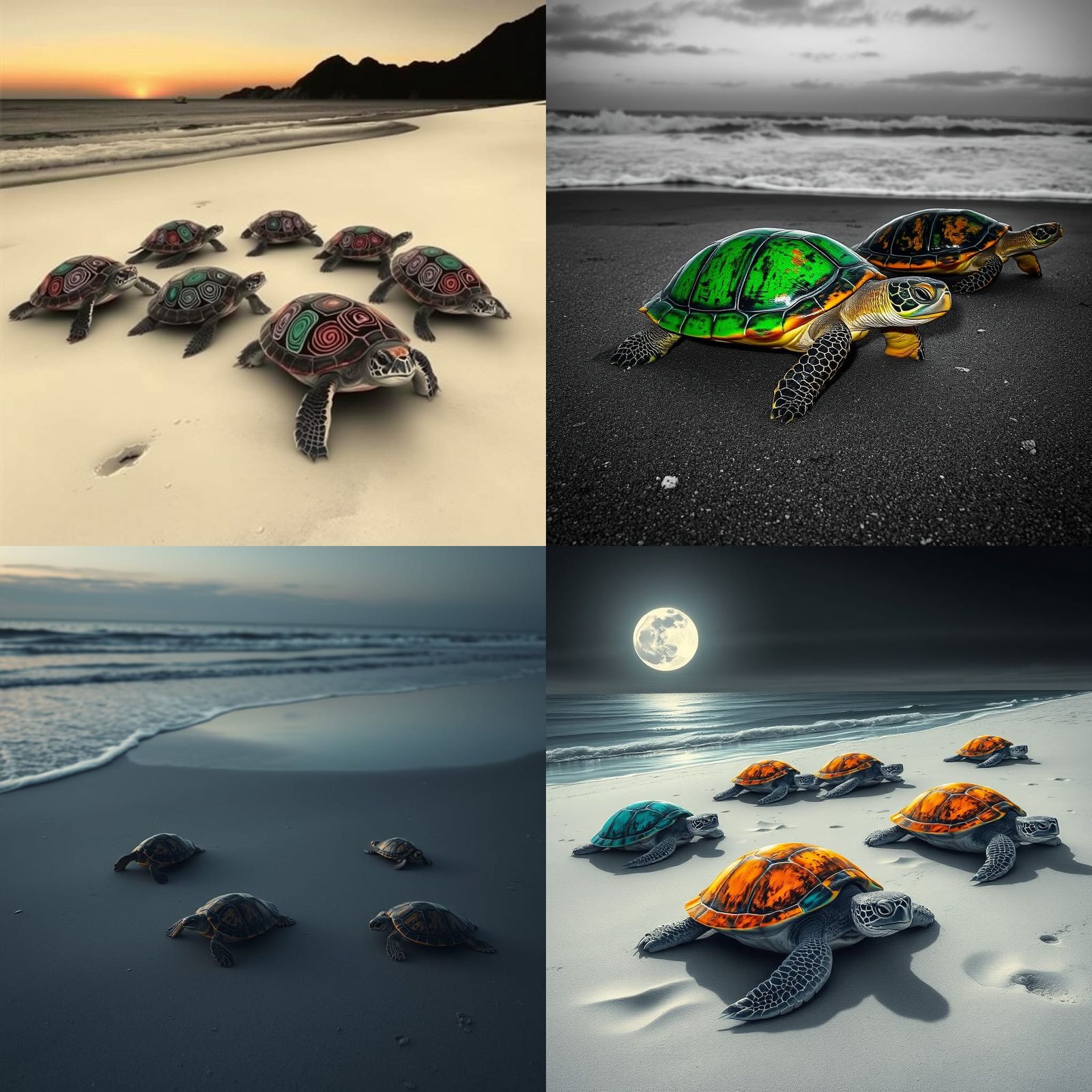 Monochrome Turtles with Color Shells on Beach