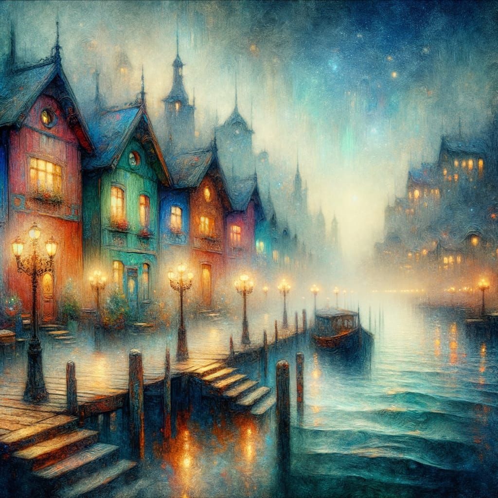 Whimsical Canal Scene with Ornate Streetlamps and Misty City...