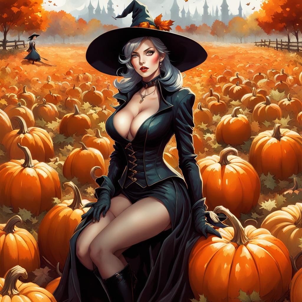 Autumn Witch in Pumpkin Patch Pin-Up Art