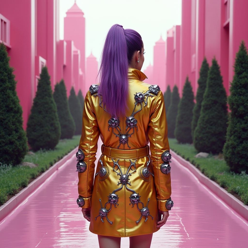 Pink Ceramic Cityscape with Woman in Latex Coat