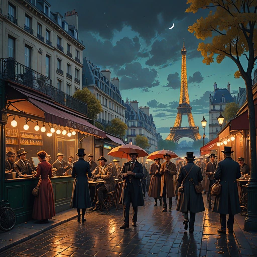 Lively 19th-Century Street Orchestra in Parisian Evening Lig...