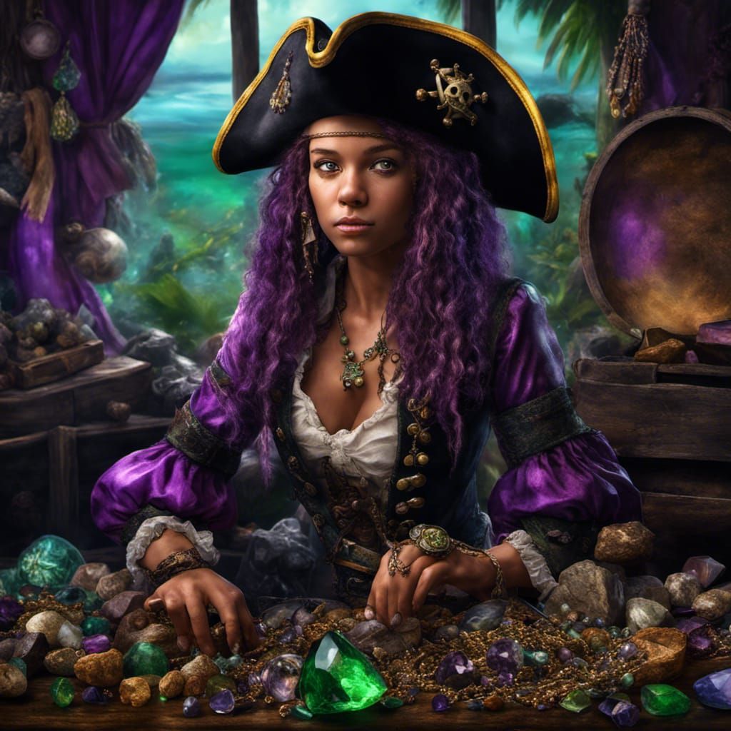 Pirate Girl with Gemstone Treasure, Hyperrealistic Detail