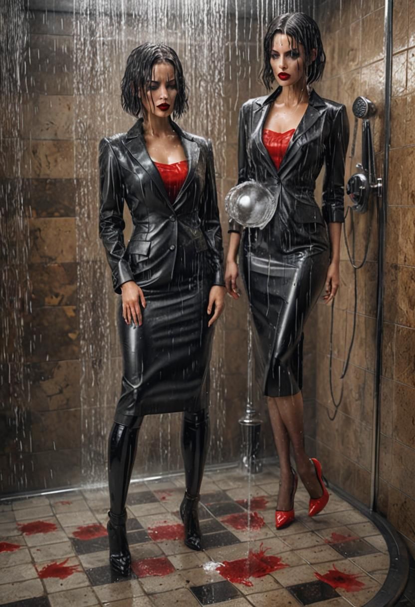 Glamorous Women in Leather Suits in Shower: 8K Art