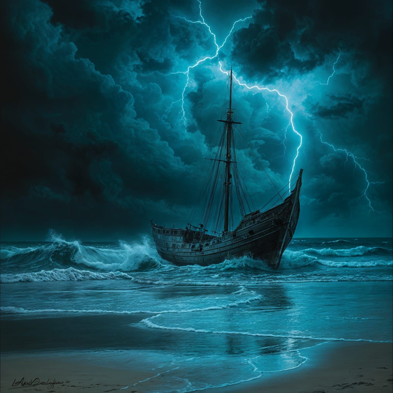 Stormy Night Ghost Ship Trapped in the Sand