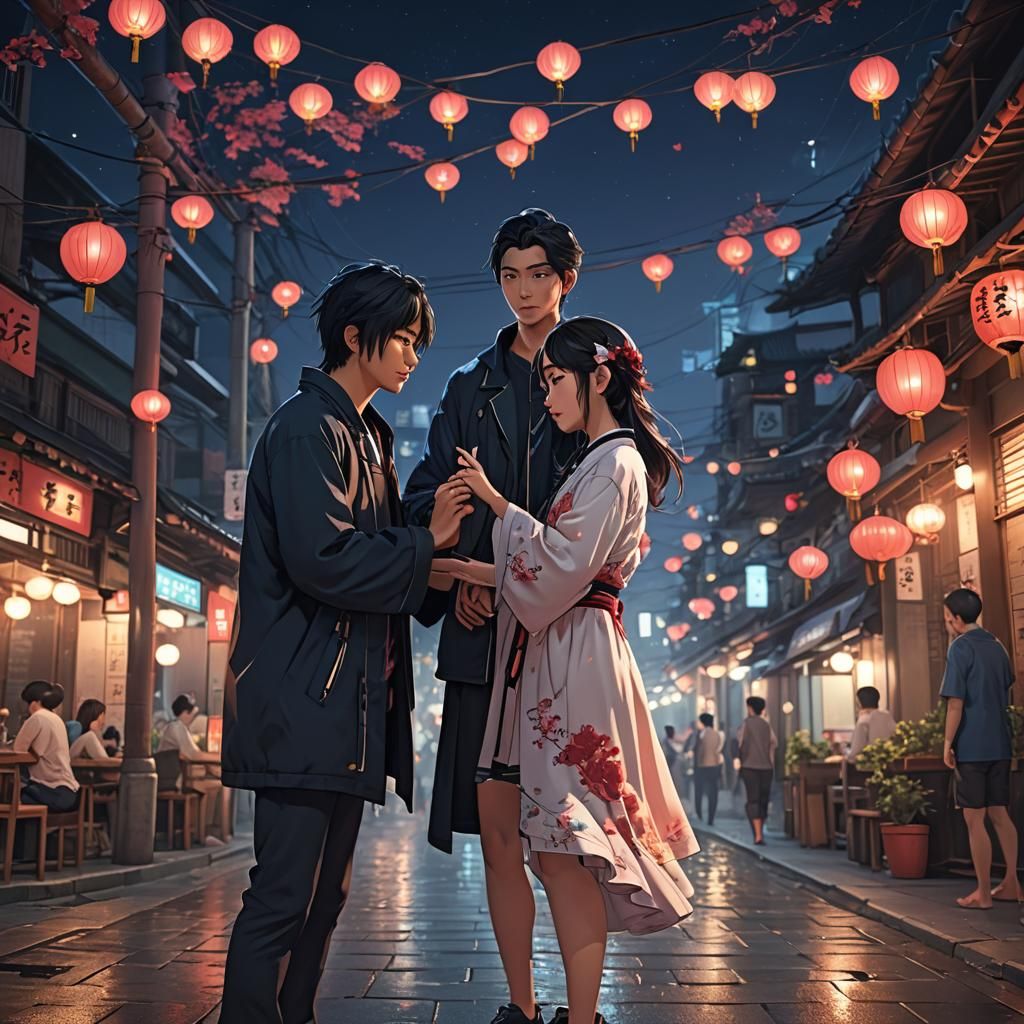 Romantic Asian Couple in Anime Style Night Scene