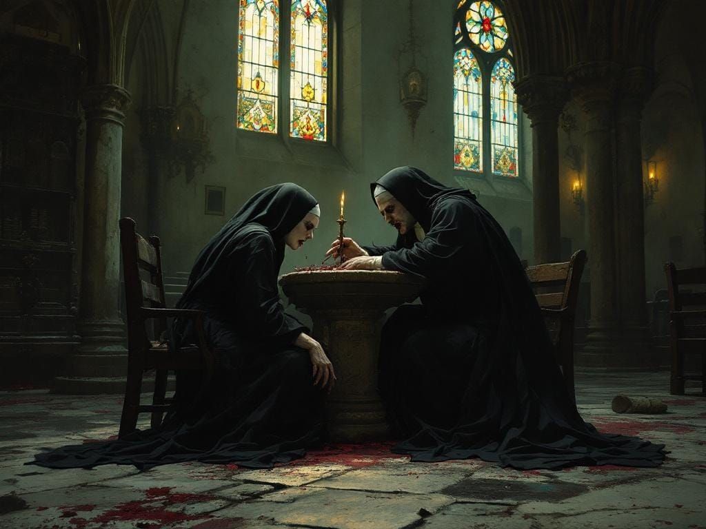 The interior of a gothic cathedral, pattered stone floor, wo...