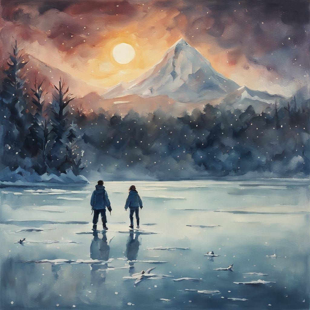 Stunning Winter Scene in Gouache Style, a Young Woman on Thi...