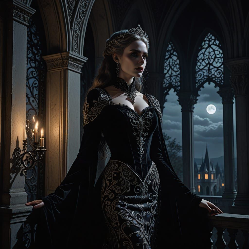 Vampire Queen on Gothic Balcony in Ethereal Moonlight