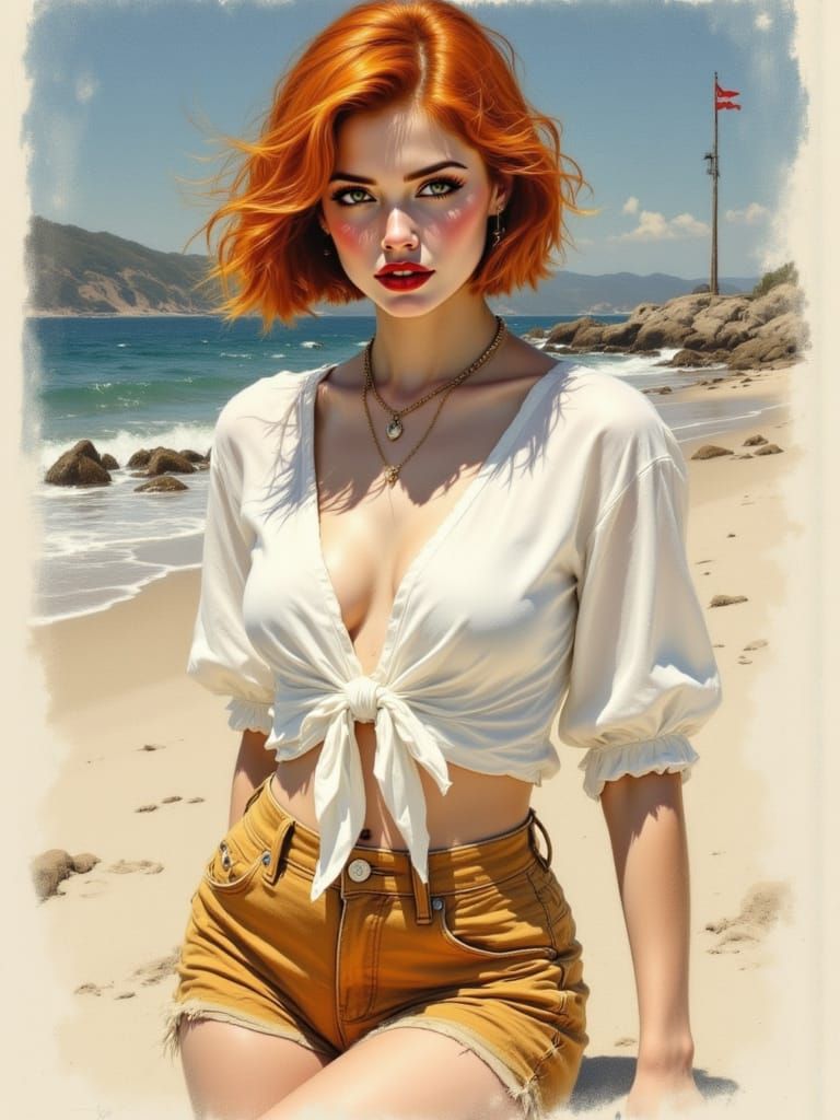Red-Haired Woman on Boardwalk, Vintage Seaside Scene