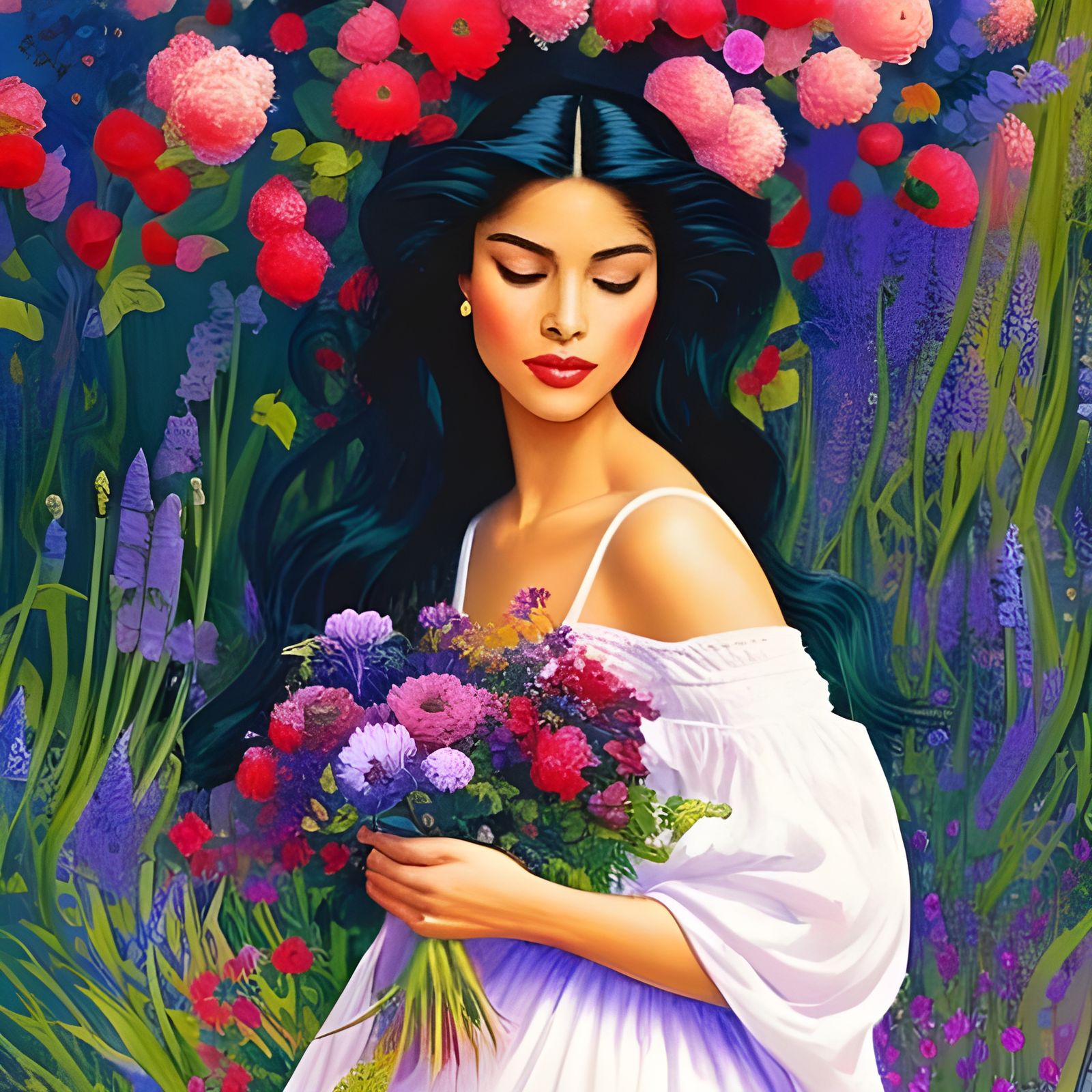 Woman Surrounded by Flowers in Gouache Style