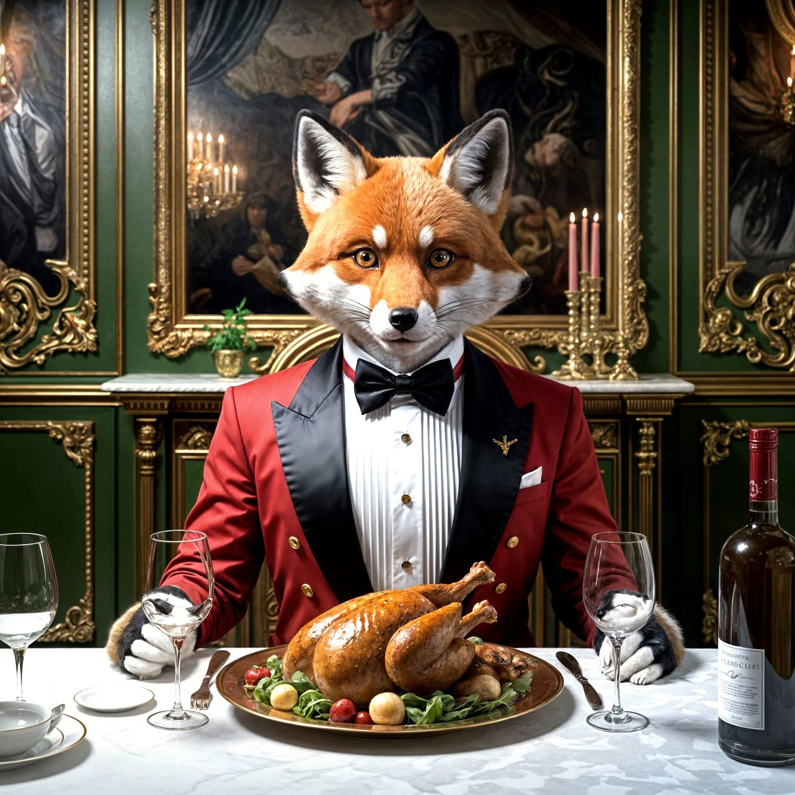 Whimsical Fox Enjoys Baroque Roast Chicken Dinner