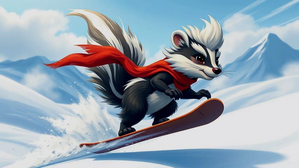 Whimsical Skunk Snowboards Against Dreamy Winter Sky