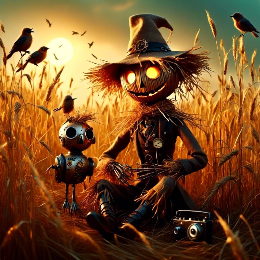Steampunk Scarecrow with Baby Birds in Wheatfield