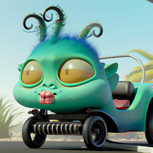 Adorable Chibi Car in Fantasy Landscape, Digital Art