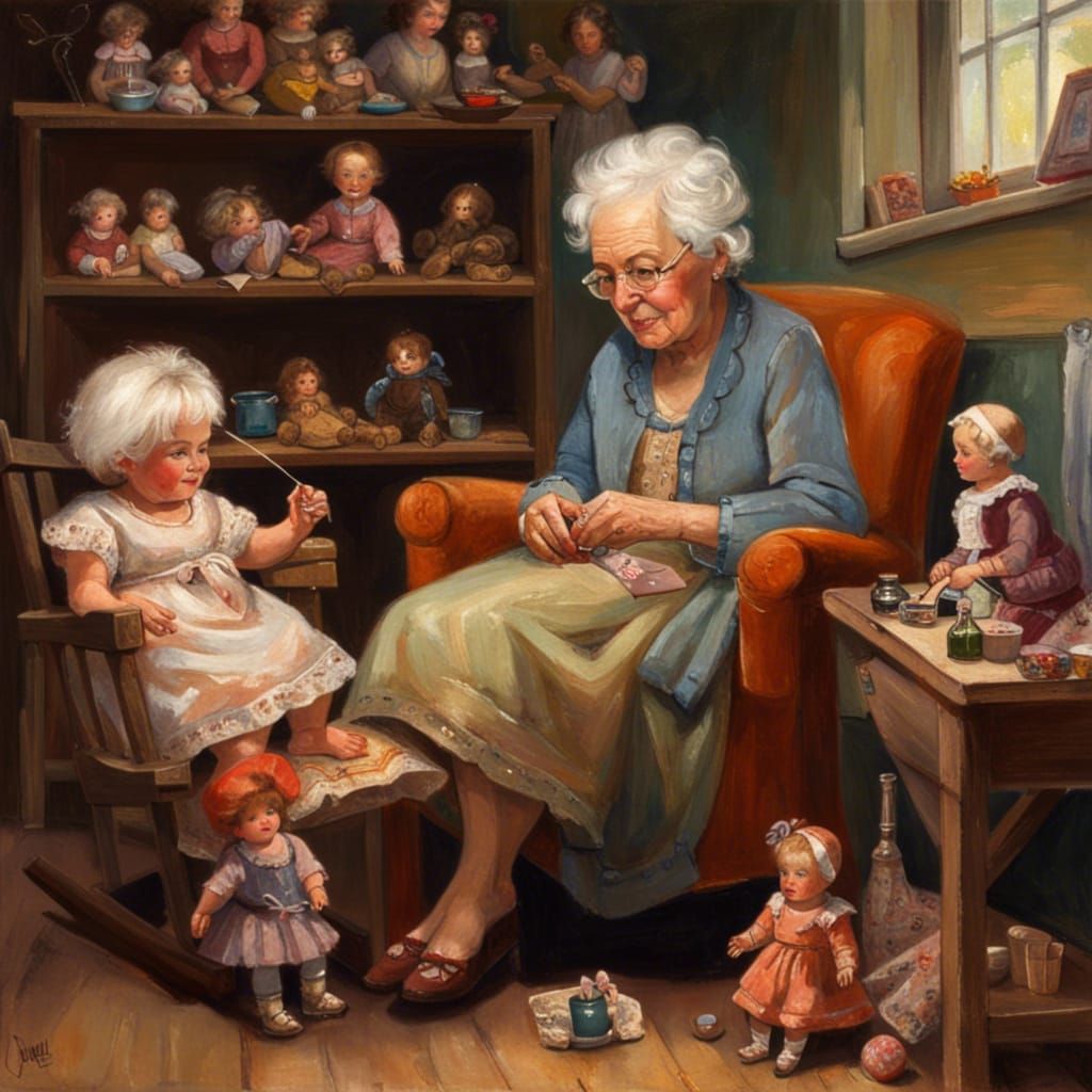 Grandmother Sewing Dolls, Oil Painting by James Gurney