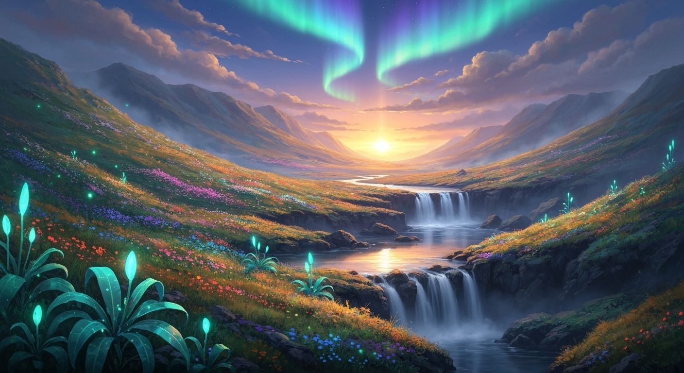Fantasy Landscape Painting with Aurora and Waterfall