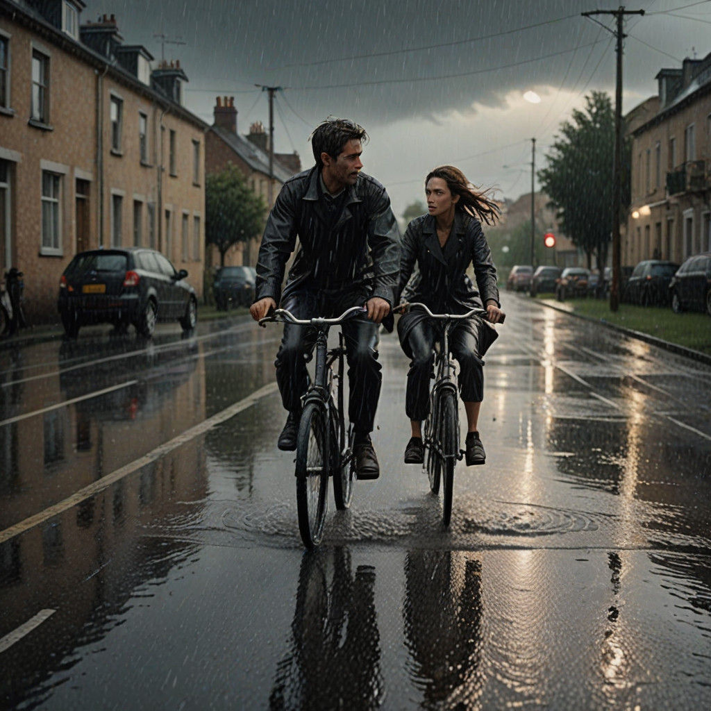 Couple Riding a Tandem Bicycle in a Stormy Countryside