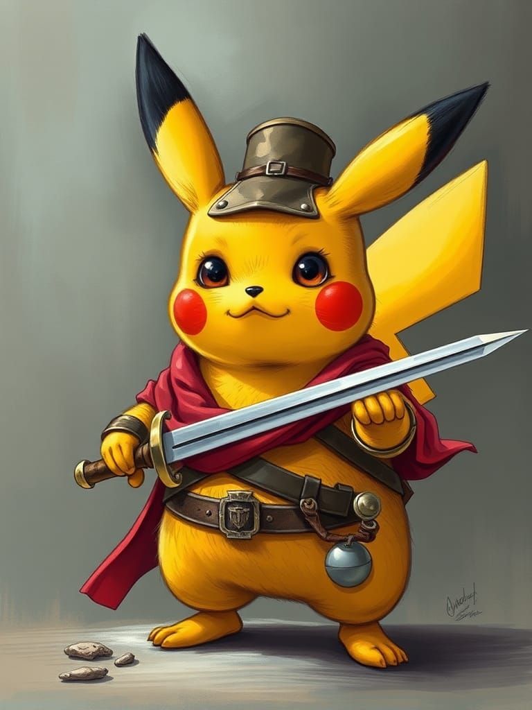 Pikachu as Musketeer: Funny Caricature in Deformed Style