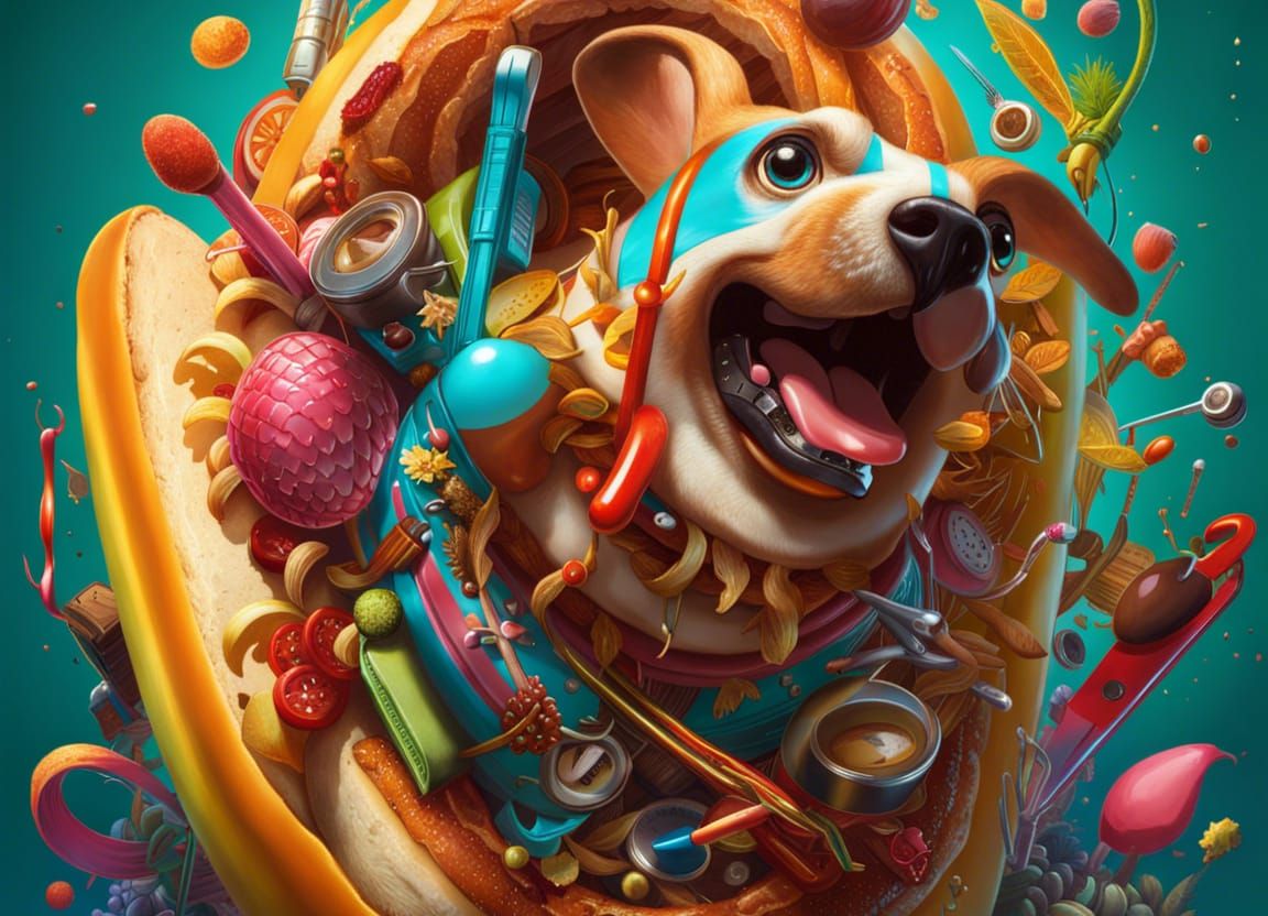 Ultra-Detailed Hot Dog Illustration in Maximalist Style