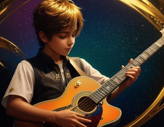 Child Magic Musician Plays Guitar in Grunge Oil Painting