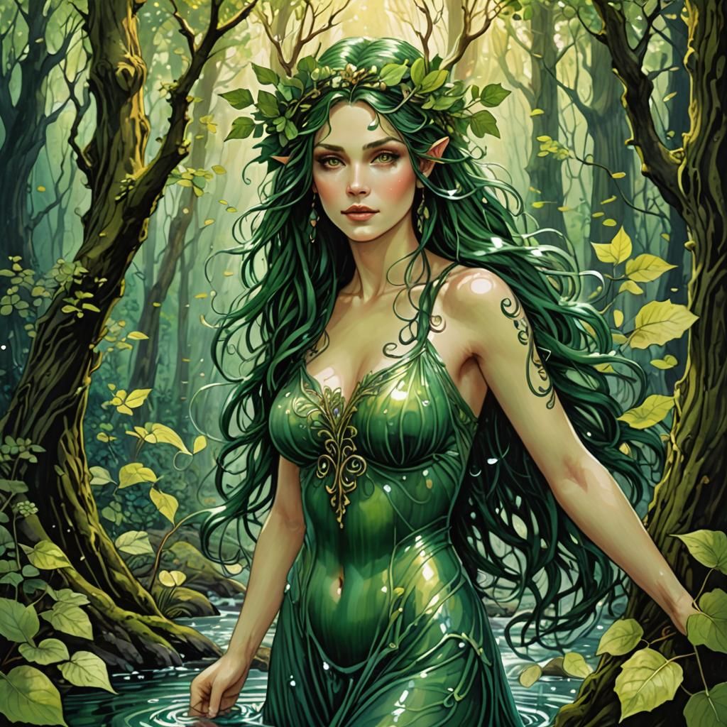 Beautiful Forest Dryad in Watercolor Style