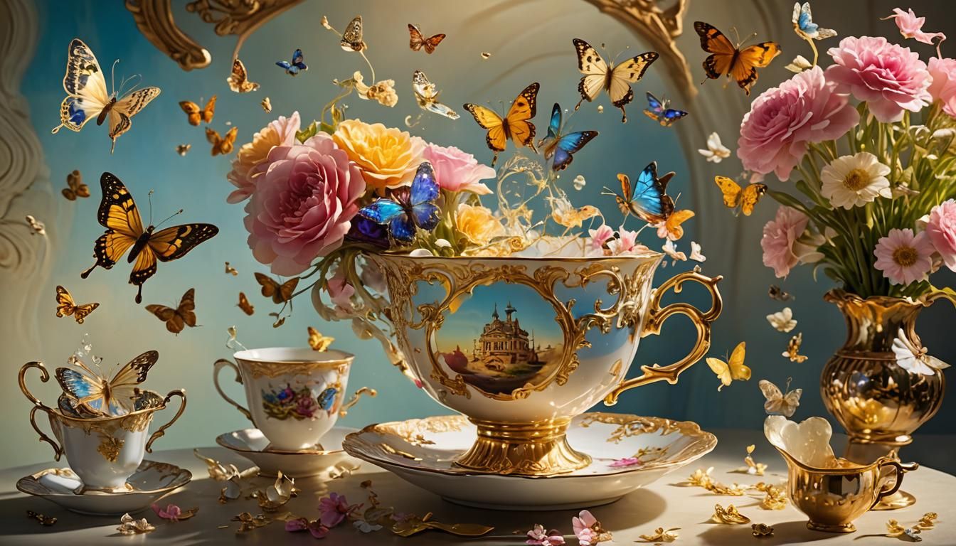 Surreal Still Life: Teacup, Melting Clocks, Butterflies
