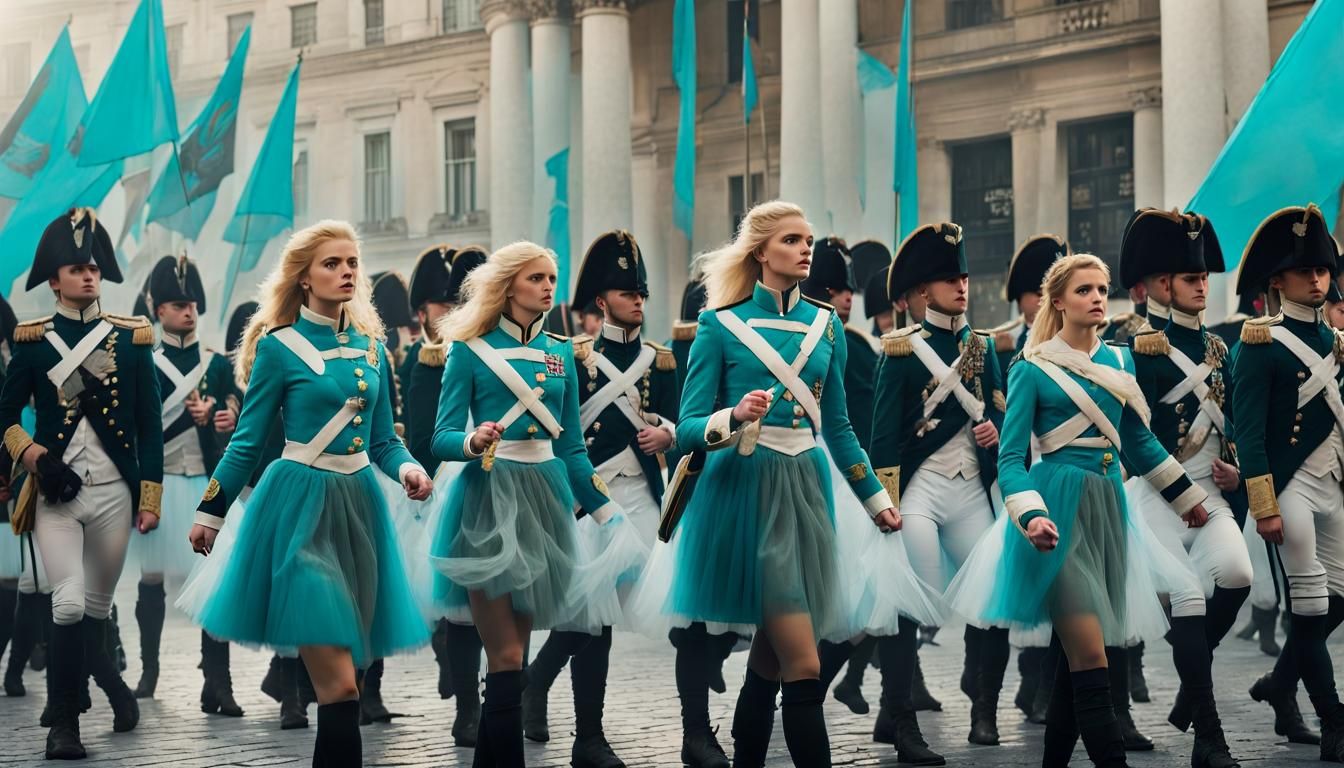 Revolutionary Scene: Turquoise-Tulle Rebels in City Square