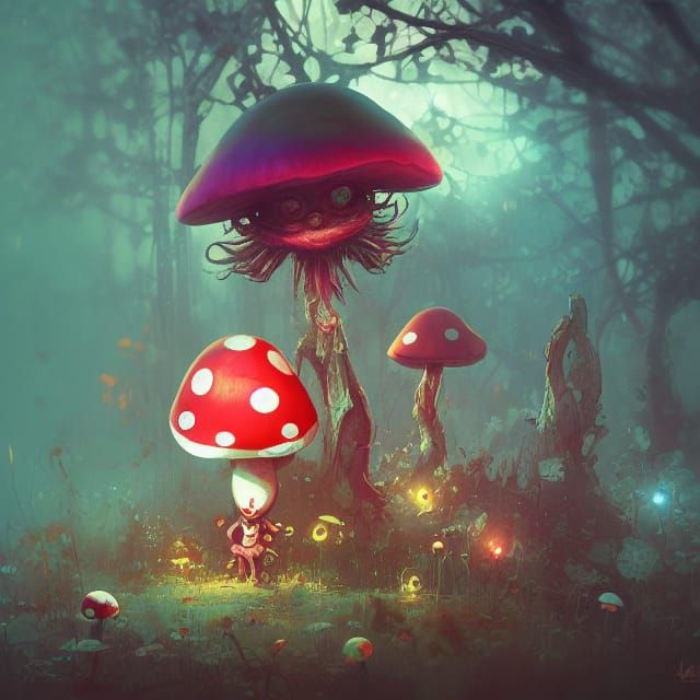 Cute Horror: Clown Mushroom Creatures with Big Eyes