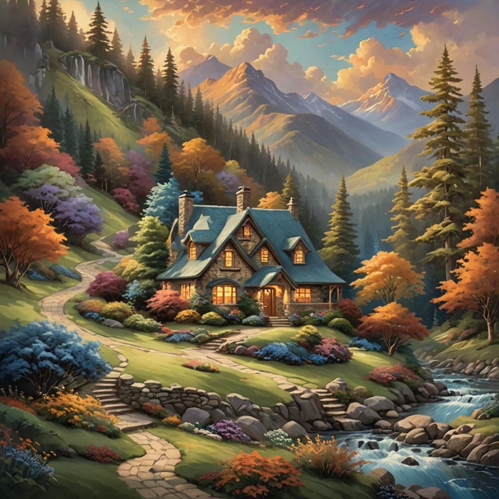 Cozy Mountain Cottage in Kinkade Style