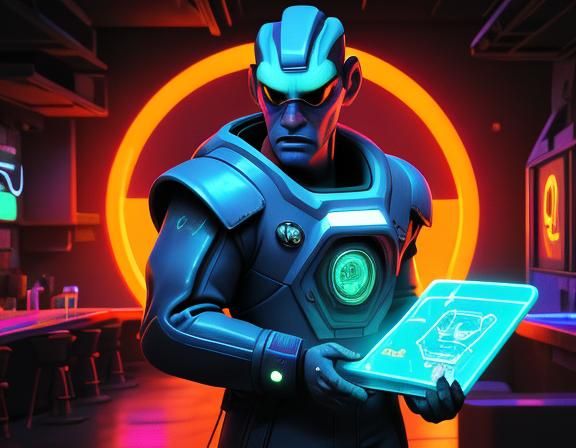 Space Ranger with Holographic Wanted Poster in Cyberpunk Sty...