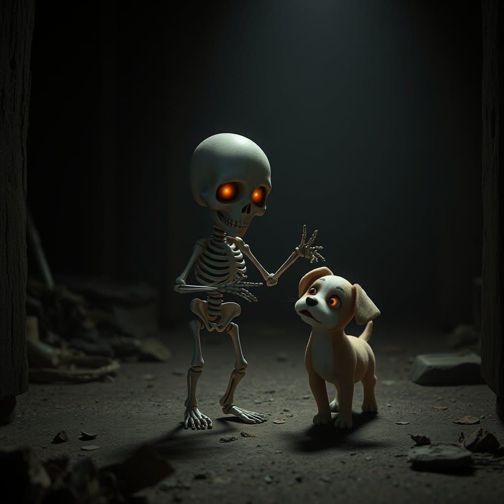 Lonely Skeleton Dances With Dog in Dusty Attic