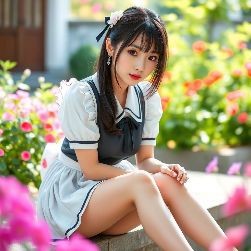Japanese Maid Girl Sits in Serene Garden