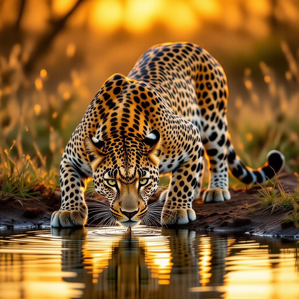 African Leopard Drinks Water at Golden Hour