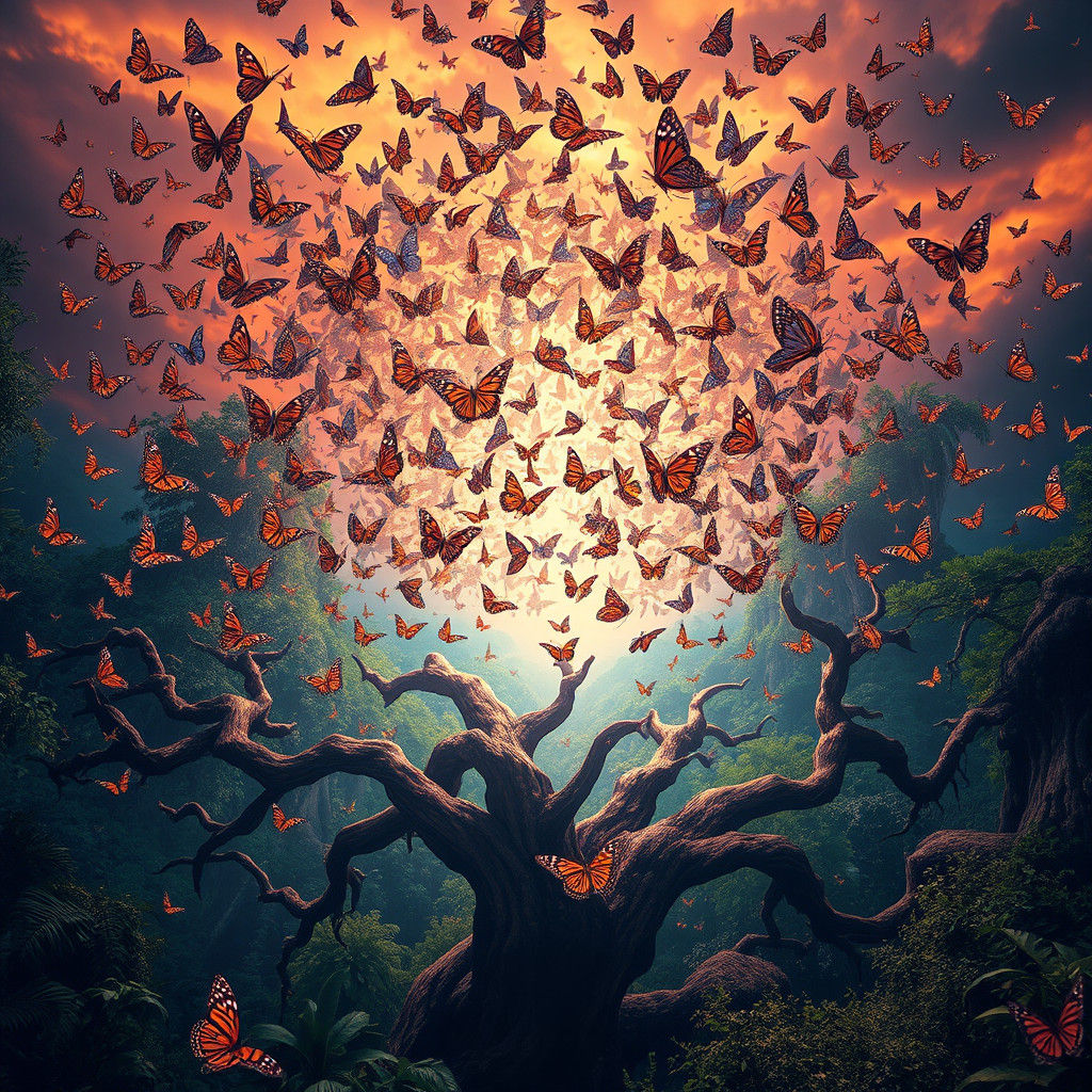 Monarch Butterflies Swarm in Iridescent Storm