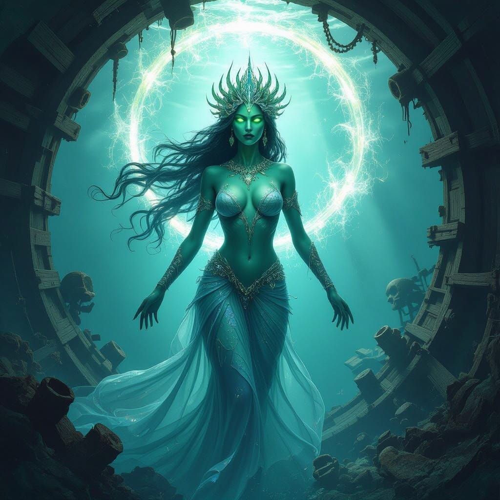 Regal Aquatic Goddess Rises from Ocean Depths in Bioluminesc...