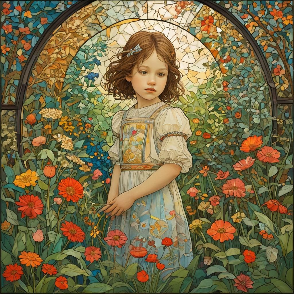 Stained Glass Girl in Garden, Art Nouveau Style