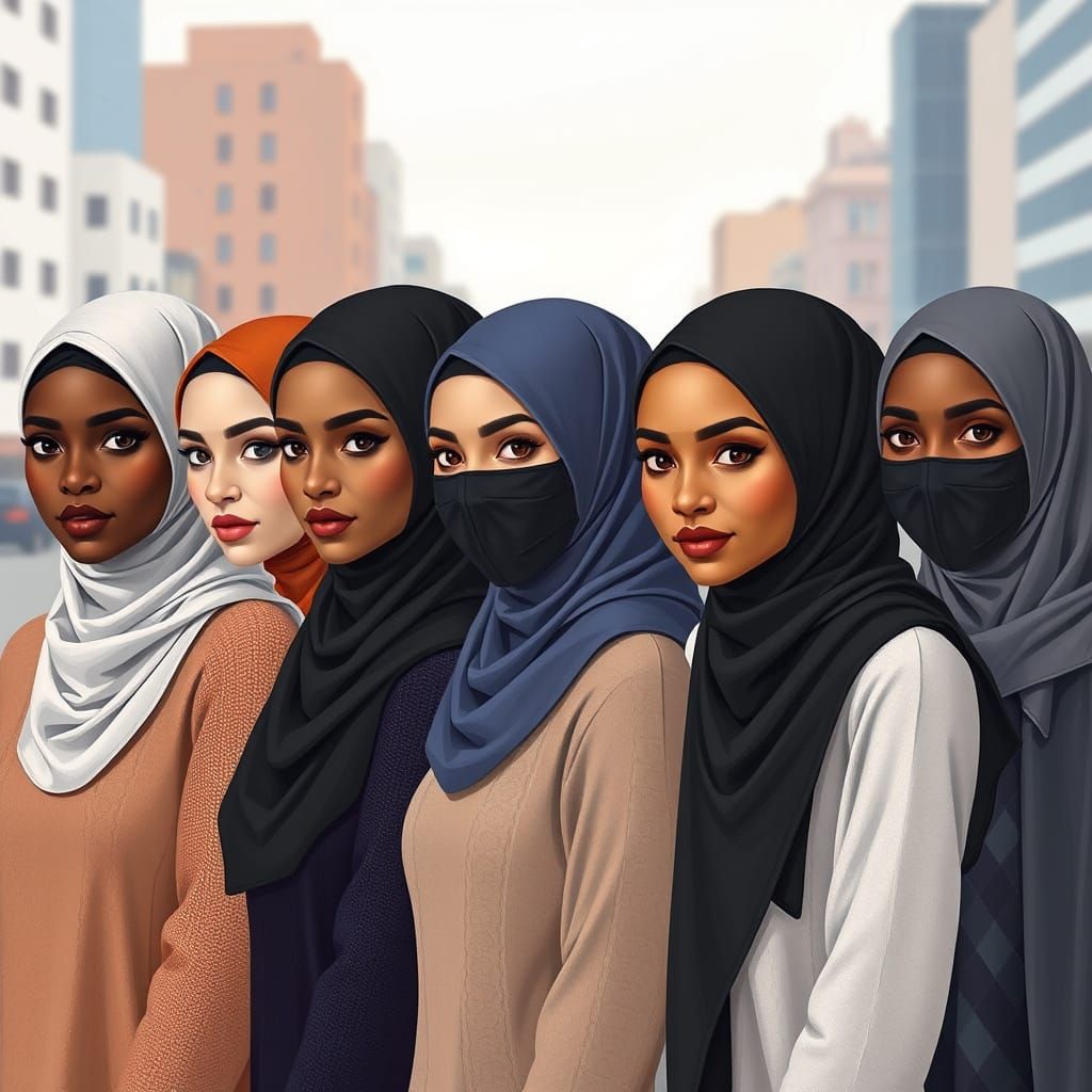 Diverse Hijabi Women Portrait in Minimalist Style