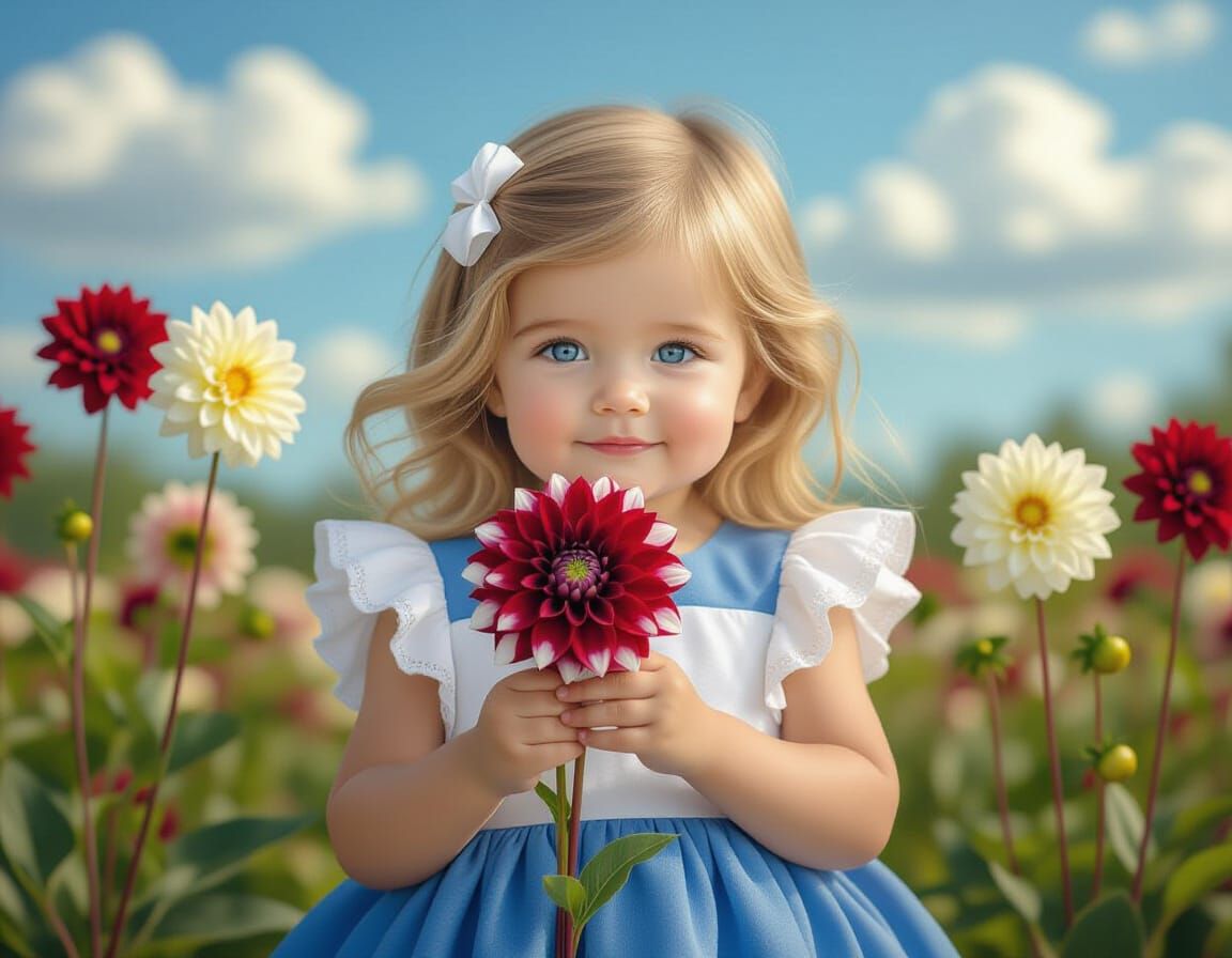 Baby with Dahlia in Forest Clearing: Photorealistic Image