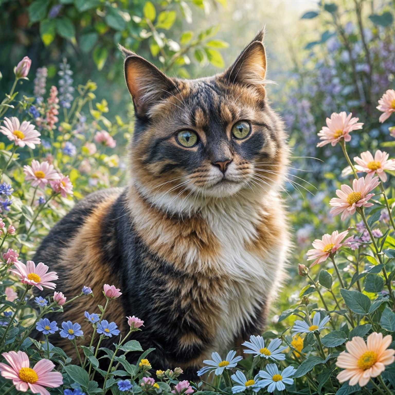 Whimsical Feline in Vibrant Spring Garden