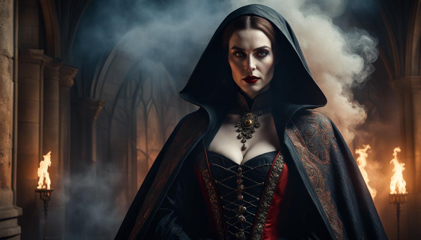 Gothic Vampire in Medieval Cloak with Swirling Smoke
