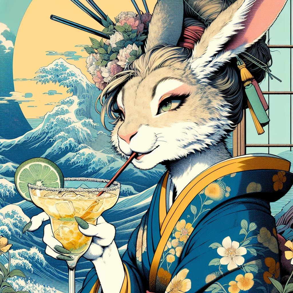 Bunny Woman Sipping Margarita in Ukiyo-e Manga Style