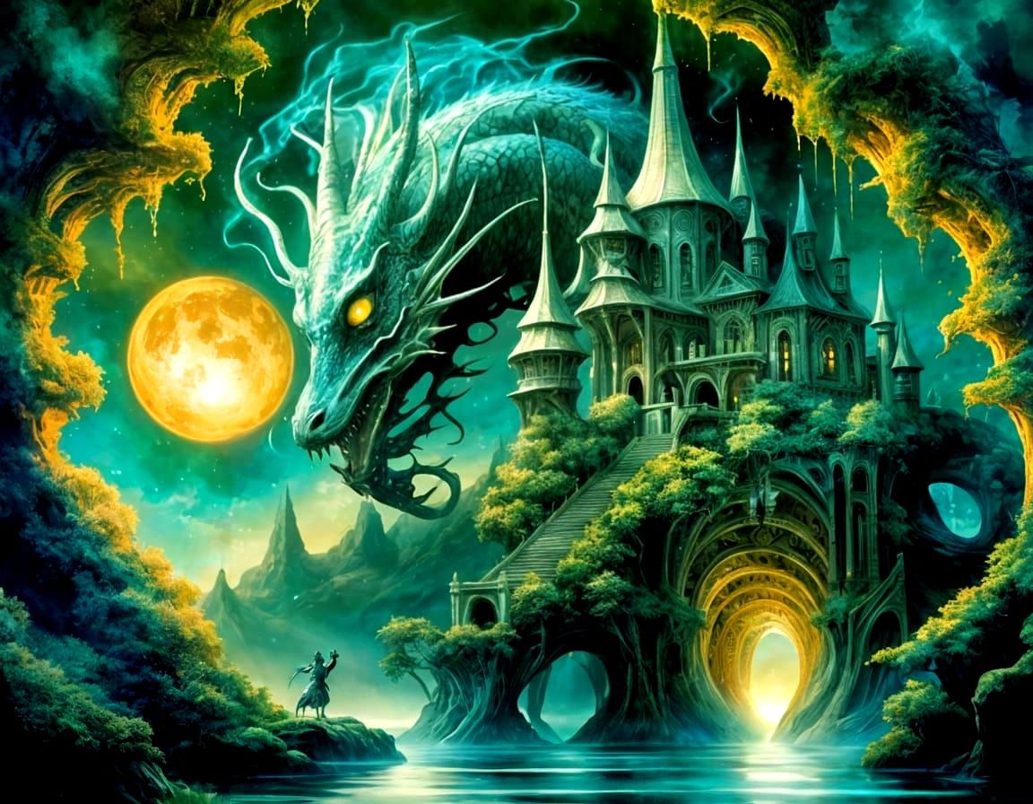 Cosmic Dragon Coiled Around Shattered Planet in Surreal Styl...