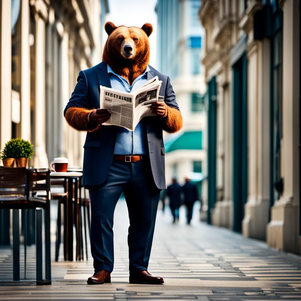 Bear-Headed Man Reads News in Chic Style