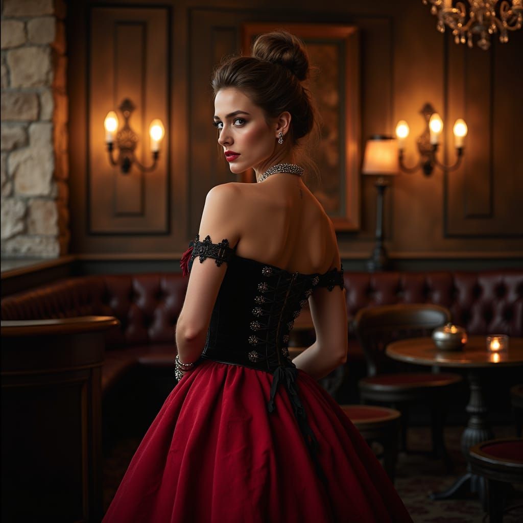 Gothic Woman in Corseted Gown in Tavern Setting