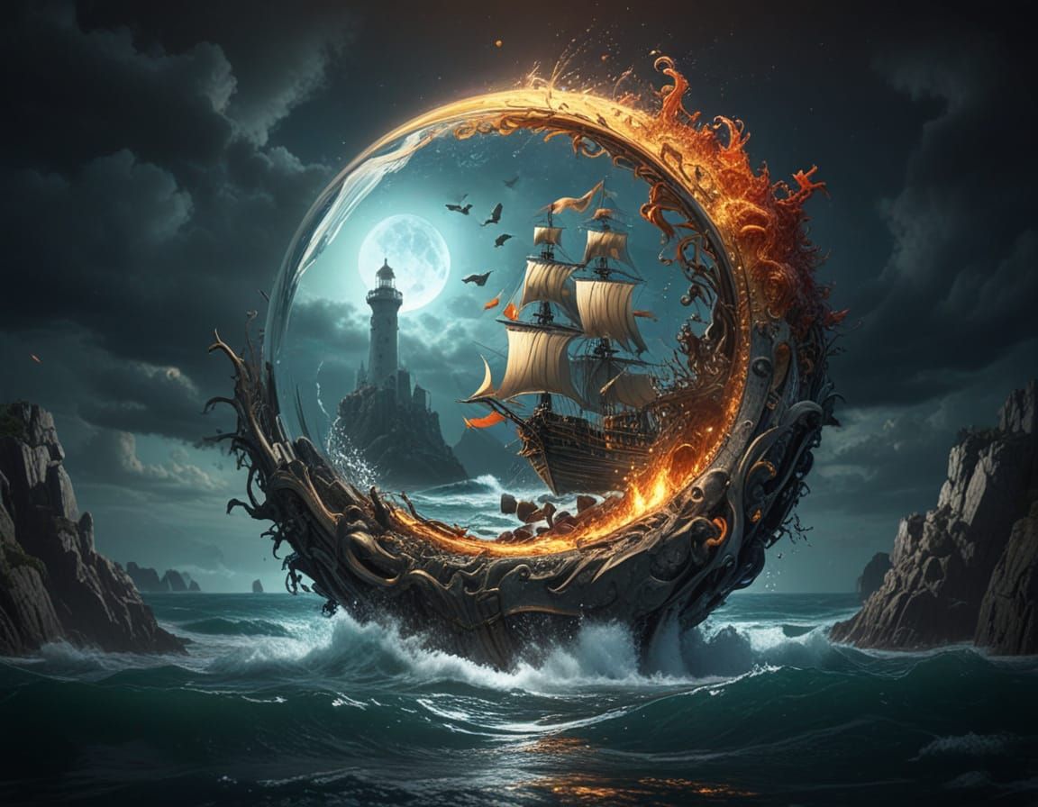 Surreal Water Masterpiece with Lighthouse and Schooner