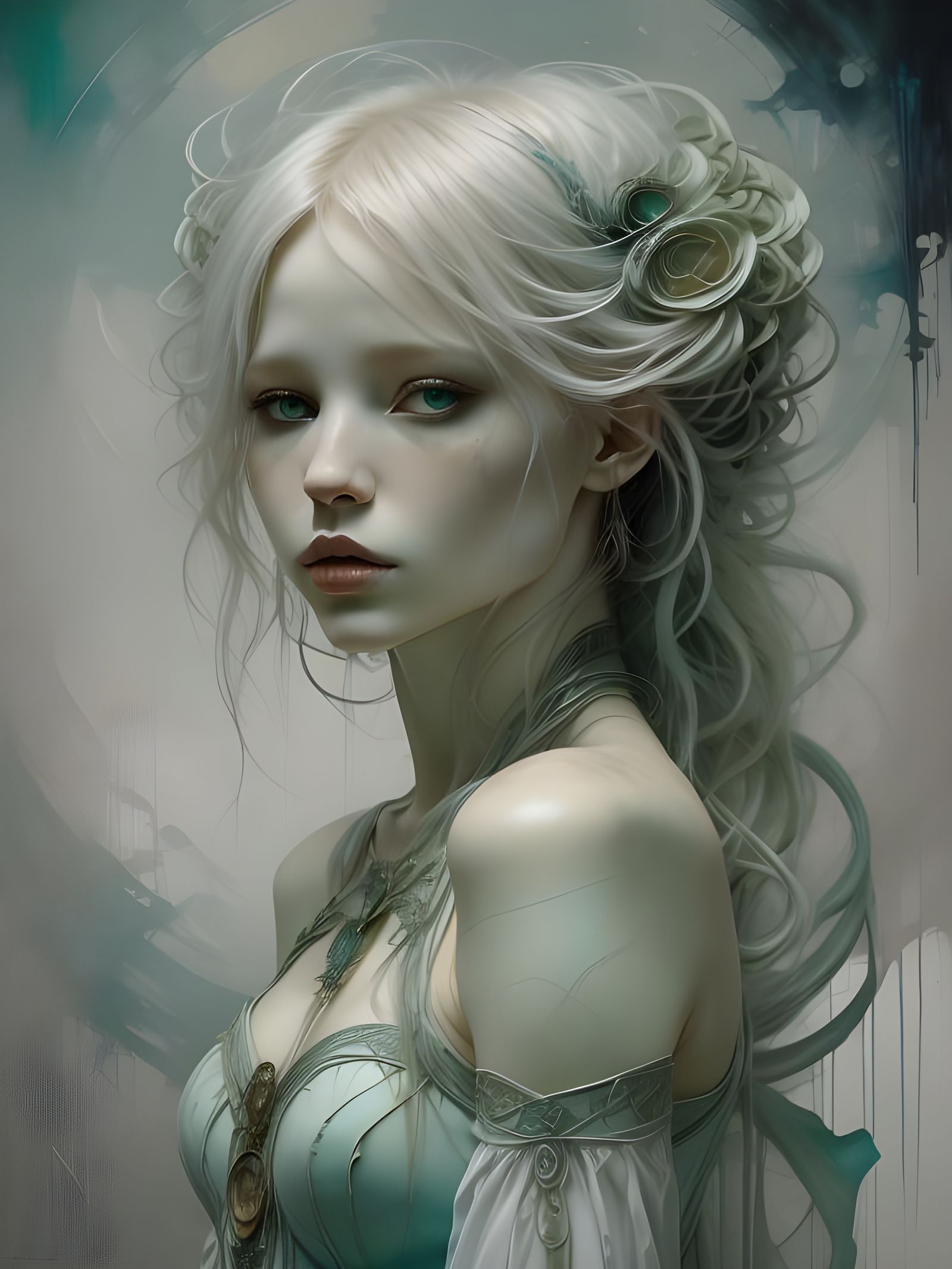 Elegant Albino Woman in Dreamlike Ink Portrait