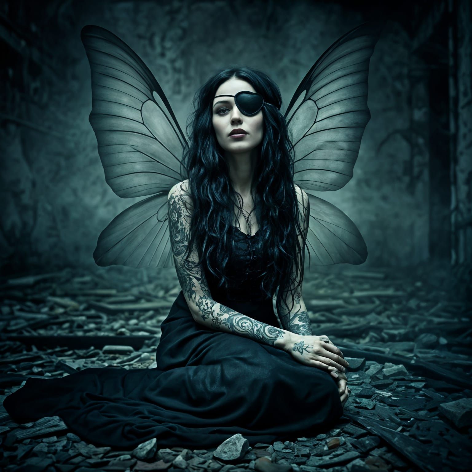 Gothic Fairy with Eyepatch in Dystopian City