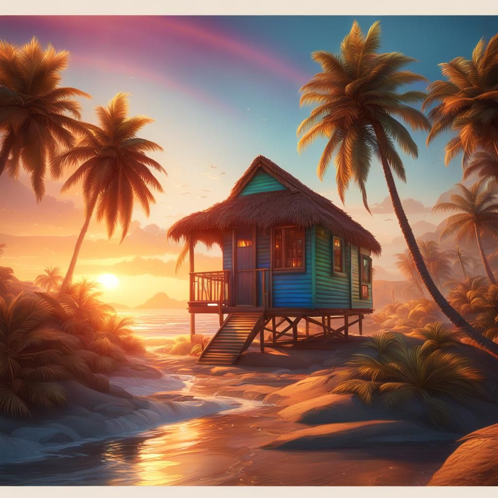 Beach Sunset with Rainbow, Digital Art